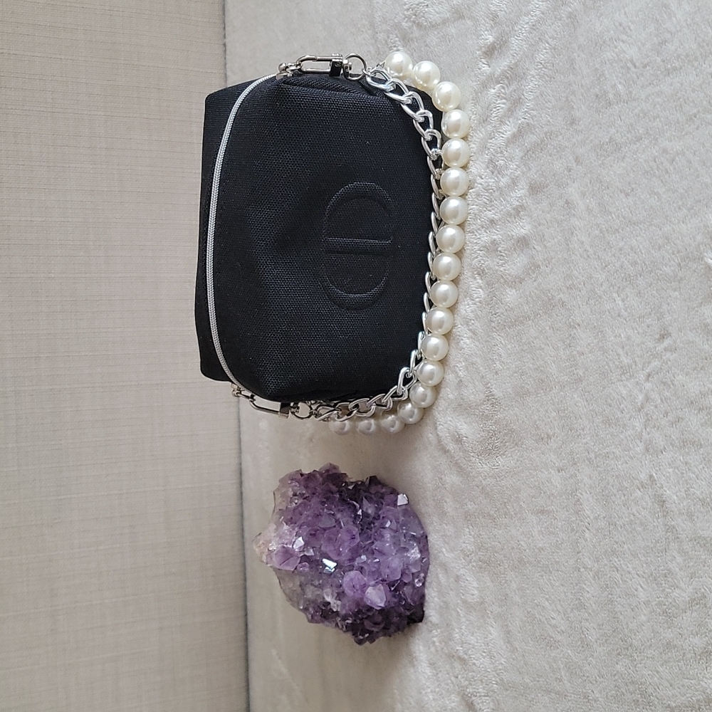 Christian Dior Black Beauty Bag Makeup Pouch Case with pearl strap